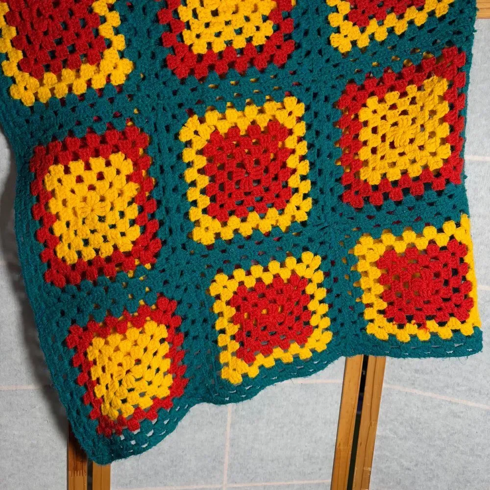 Vintage‎ Crochet Granny Square Blanket Afghan Turquoise Yellow Red Small 59 x 37